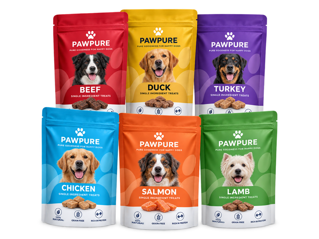 Six coordinated pet treat pouch SKUs